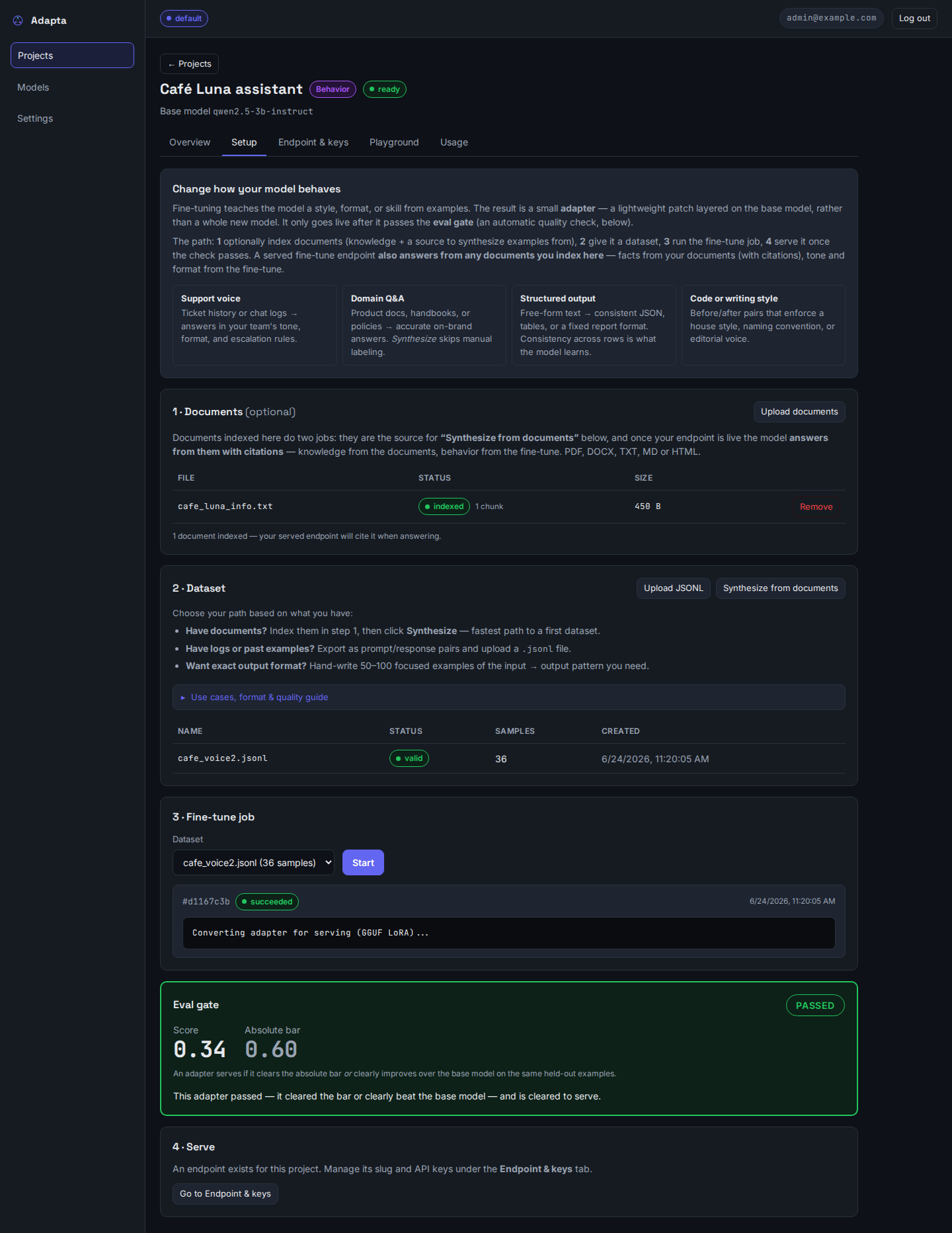 Setup tab: cafe_luna_info.txt indexed (knowledge) and a voice dataset trained, eval gate PASSED