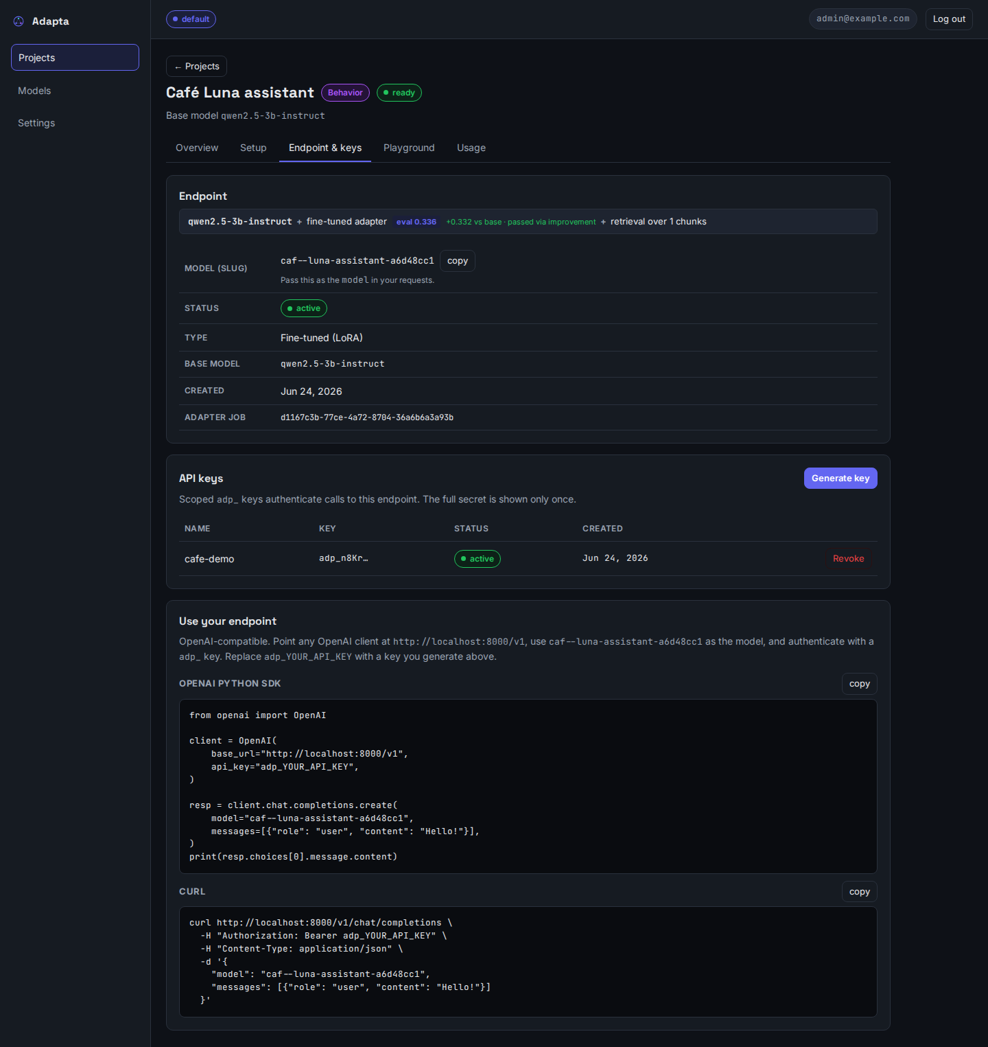 Endpoint tab header: base model + fine-tuned adapter + retrieval over 1 chunk