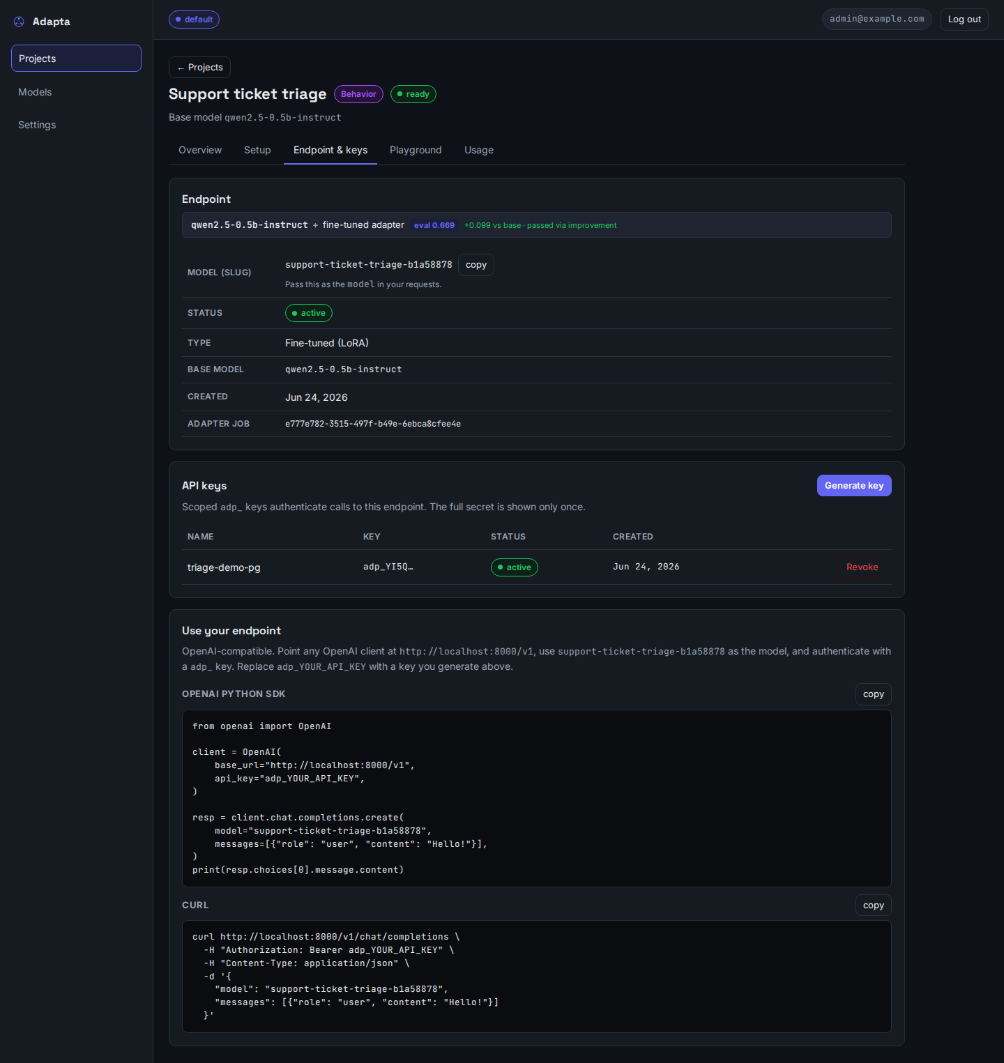 Endpoint tab: active fine-tuned LoRA endpoint, slug, key, and copy-paste SDK/curl snippets