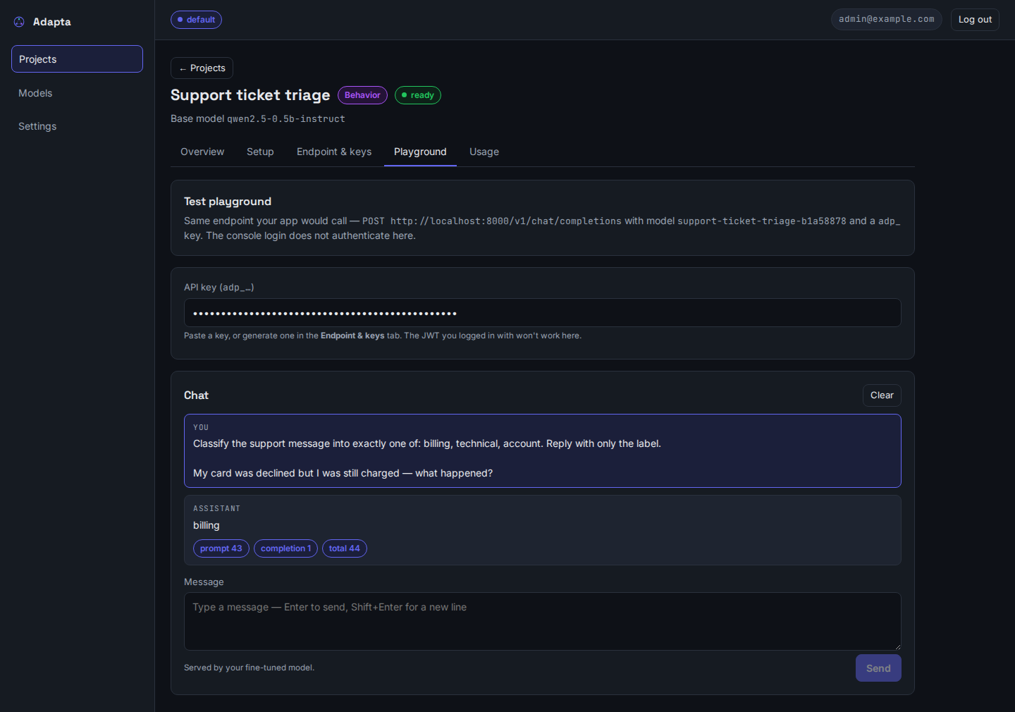 Playground: the trained model replies with just the label "billing"