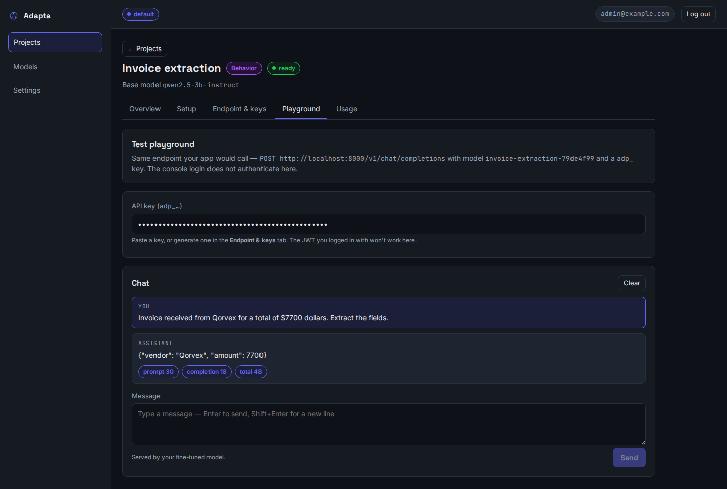 Playground: an invoice is turned into {"vendor": "Qorvex", "amount": 7700}