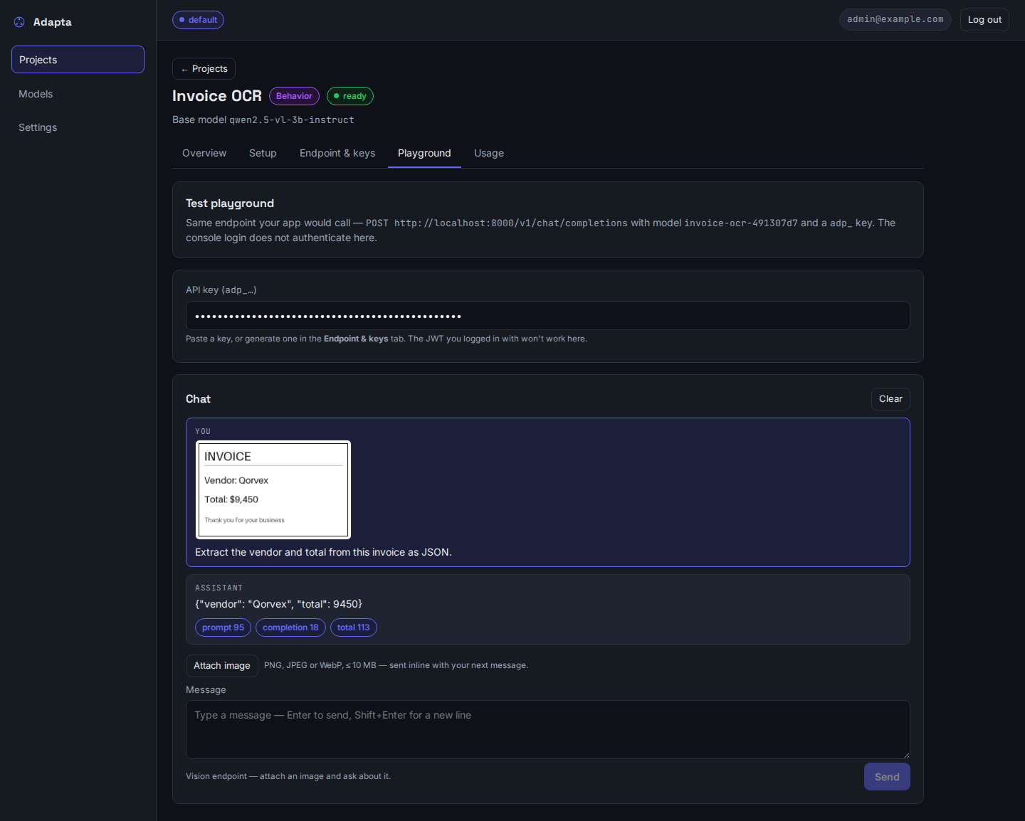 Playground: an invoice image is read and returned as {"vendor": "Qorvex", "total": 9450}