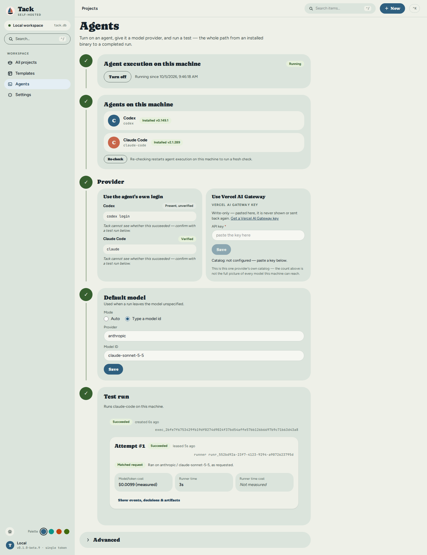 The Agents page, fully earned: agent execution on, Codex and Claude Code both detected, Claude Code's own login verified by a real test run, a project default model saved, and that test run's own attempt shown Succeeded.