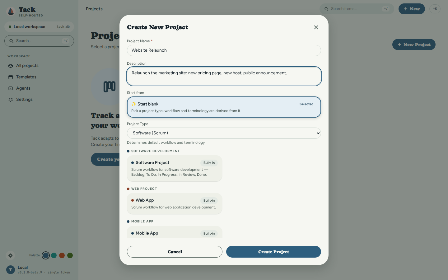 The Create New Project modal with name 'Website Relaunch', a description, 'Start blank' selected, and the Software (Scrum) project type chosen.