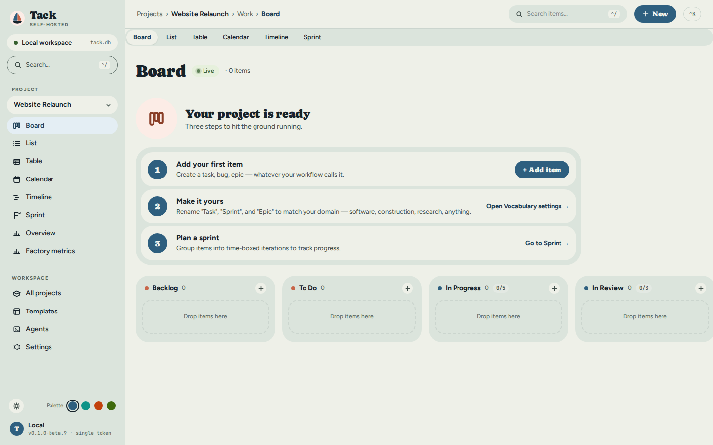 The empty board of the new project: Backlog, To Do, In Progress and In Review columns with zero items, and a 'Your project is ready' onboarding card on top.