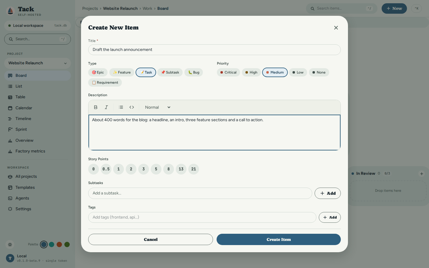 The Create New Item modal: title 'Draft the launch announcement', type Task, priority Medium, and a one-line description of the post in the rich-text editor.
