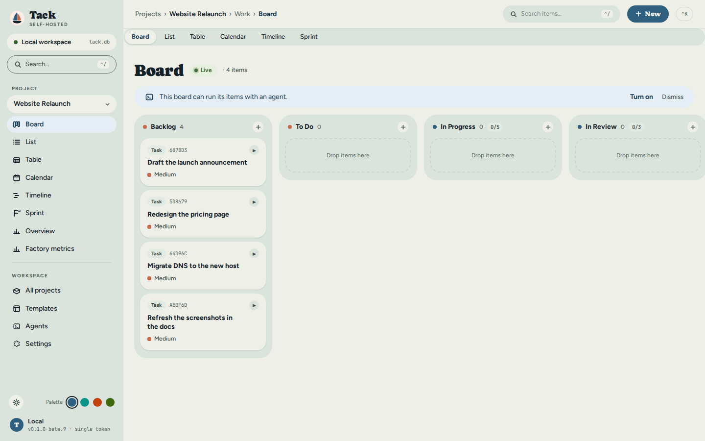 The board with four tasks in Backlog — Draft the launch announcement, Redesign the pricing page, Migrate DNS to the new host, Refresh the screenshots in the docs — and a banner reading 'This board can run its items with an agent' with a Turn on link.