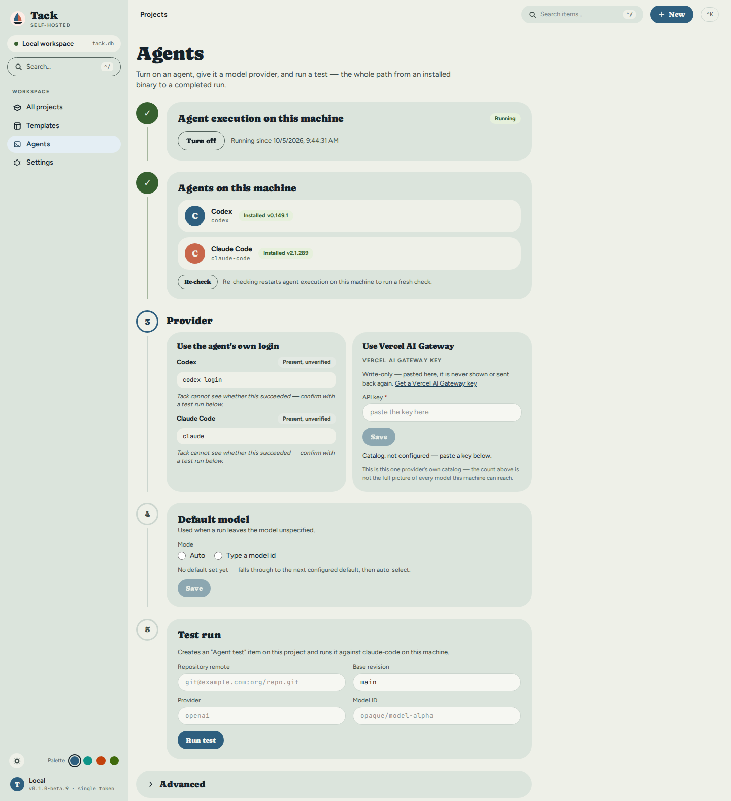 The Agents page after Turn on: execution Running with its start time, Codex and Claude Code both detected with their installed versions, each sign-in command listed as 'Present, unverified', the Vercel AI Gateway key panel, the empty Default model step and the Test run form.