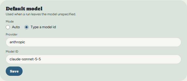 The Default model section with mode 'Type a model id', provider 'anthropic', model ID 'claude-sonnet-5-5', and a Save button.