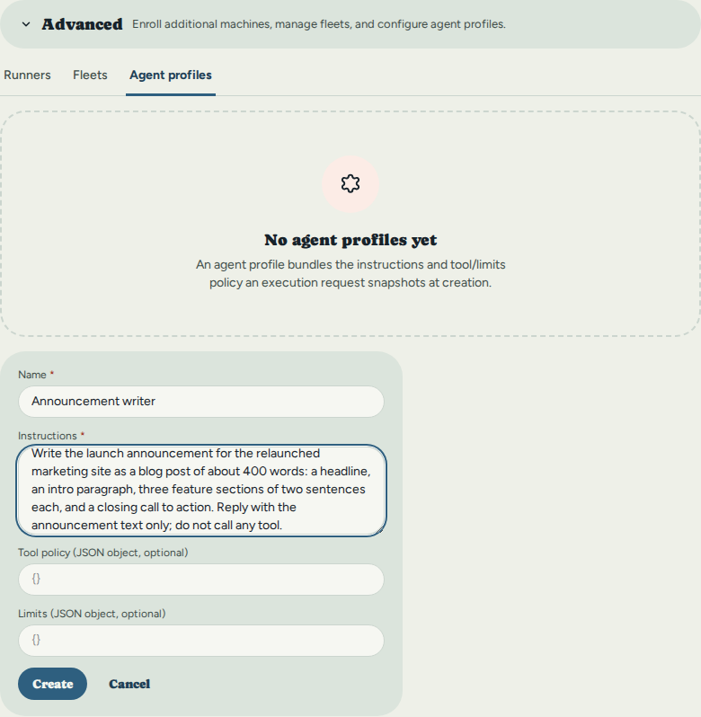 The Advanced section of the Agents page on its Agent profiles tab: the create form with name 'Announcement writer', instructions to write a 400-word launch announcement and reply with the text only without calling any tool, empty tool policy and limits, and a Create button.