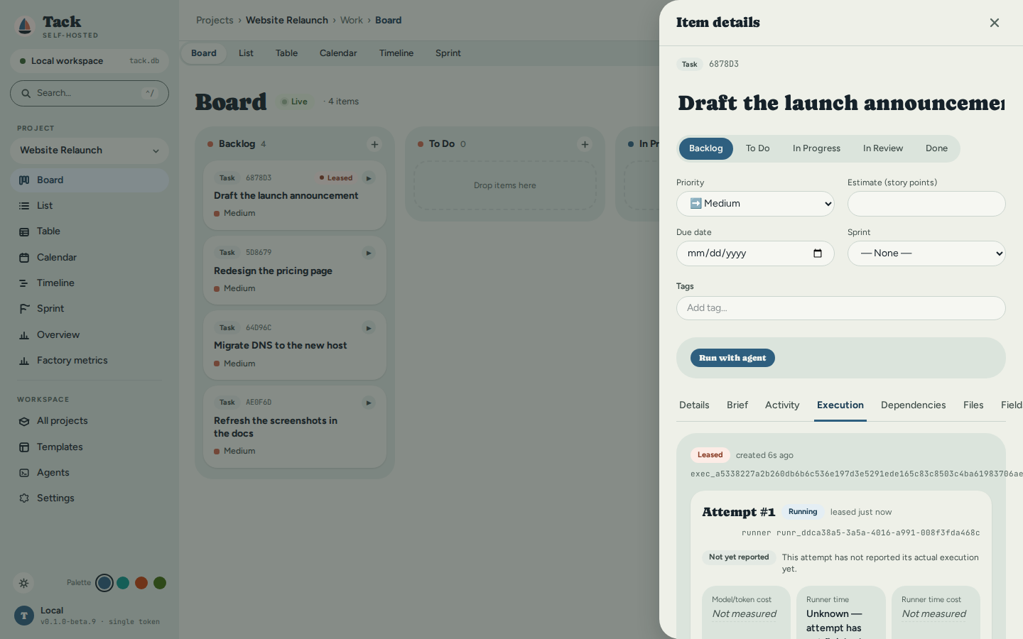 The task drawer's Execution tab mid-run: the request is Leased, Attempt #1 shows a Running badge leased just now, provenance reads 'Not yet reported', and the cost tiles read Not measured.